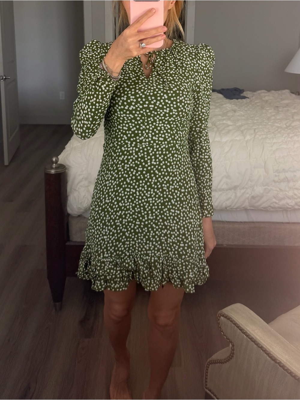 Reformation Olive Green and White Polka Dot Mini Dress